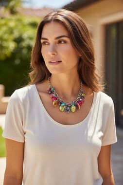 StudioS Rainbow Multi Gemstone Choker Necklace Silver Adjustable 20-23" NWT